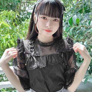 Rojita Double Lace-Up Black High Neck Short Sleeve Blouse